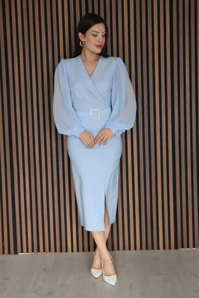 Kruvaze Yaka Balon Kollu Yırtmaçlı Abiye Elbise 2315-Bebe Mavisi