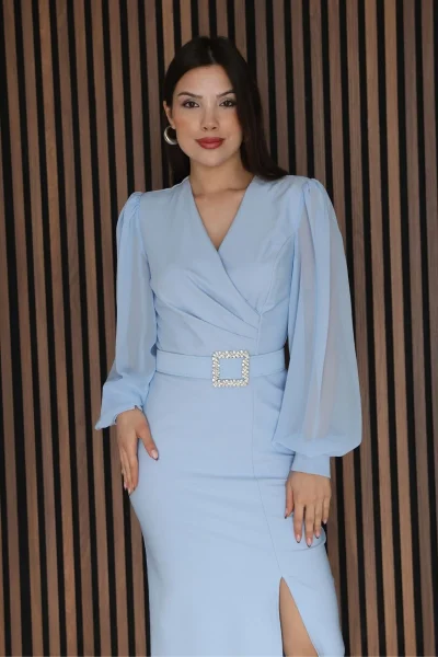 Kruvaze Yaka Balon Kollu Yırtmaçlı Abiye Elbise 2315-Bebe Mavisi