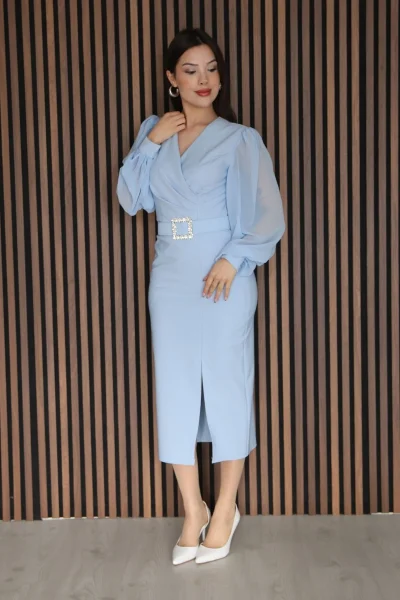 Kruvaze Yaka Balon Kollu Yırtmaçlı Abiye Elbise 2315-Bebe Mavisi