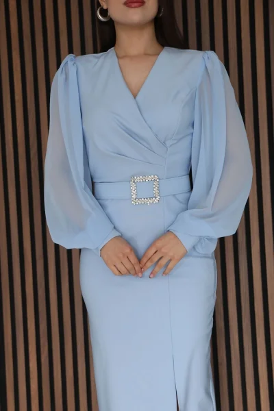 Kruvaze Yaka Balon Kollu Yırtmaçlı Abiye Elbise 2315-Bebe Mavisi