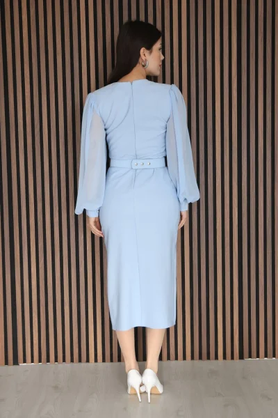 Kruvaze Yaka Balon Kollu Yırtmaçlı Abiye Elbise 2315-Bebe Mavisi