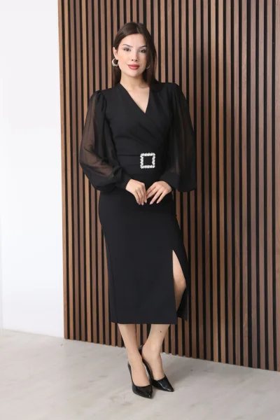 Kruvaze Yaka Balon Kollu Yırtmaçlı Abiye Elbise 2315-Siyah