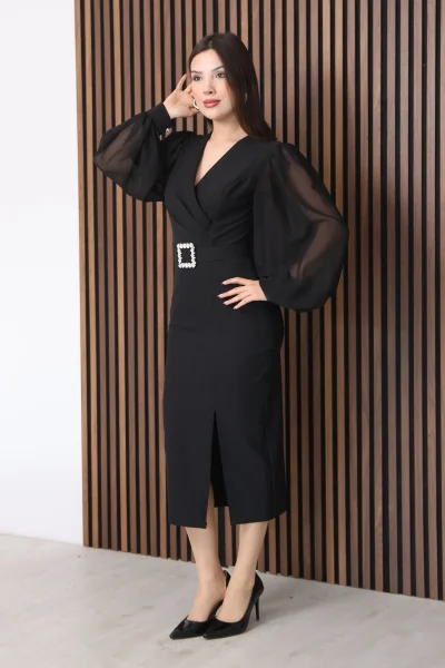 Kruvaze Yaka Balon Kollu Yırtmaçlı Abiye Elbise 2315-Siyah