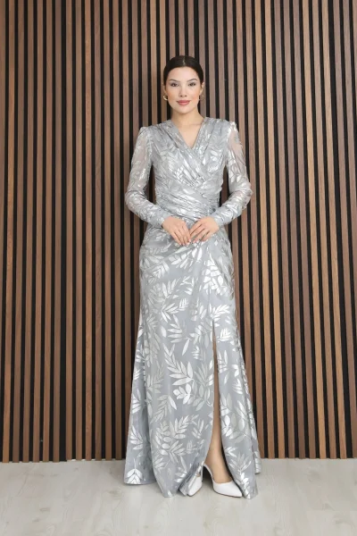 Kruvaze Yaka Bel Pileli Yırtmaçlı Abiye Elbise 2330-Gri