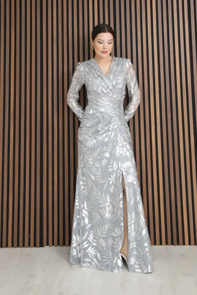 Kruvaze Yaka Bel Pileli Yırtmaçlı Abiye Elbise 2330-Gri