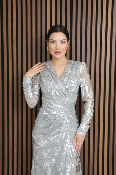 Kruvaze Yaka Bel Pileli Yırtmaçlı Abiye Elbise 2330-Gri