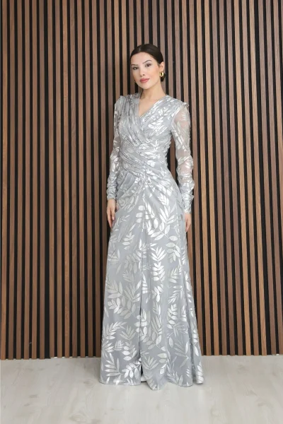 Kruvaze Yaka Bel Pileli Yırtmaçlı Abiye Elbise 2330-Gri