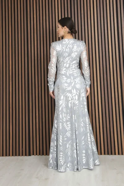 Kruvaze Yaka Bel Pileli Yırtmaçlı Abiye Elbise 2330-Gri