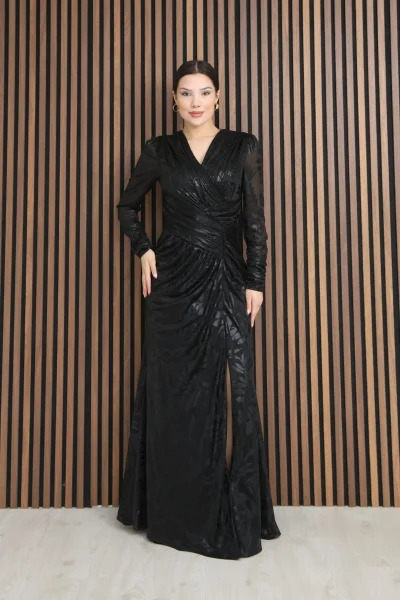 Kruvaze Yaka Bel Pileli Yırtmaçlı Abiye Elbise 2330-Siyah