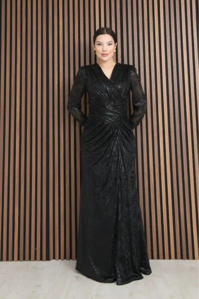 Kruvaze Yaka Bel Pileli Yırtmaçlı Abiye Elbise 2330-Siyah