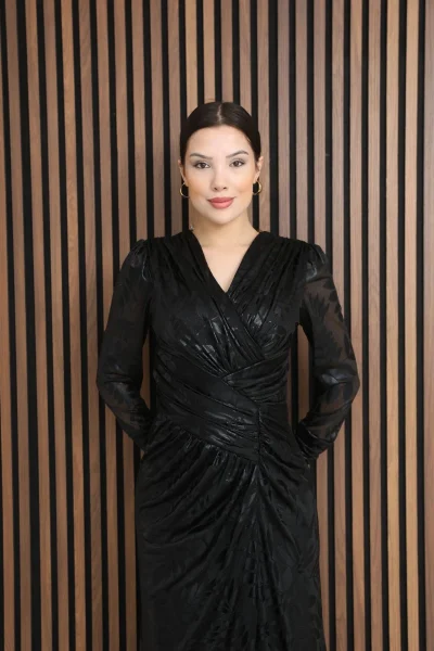 Kruvaze Yaka Bel Pileli Yırtmaçlı Abiye Elbise 2330-Siyah