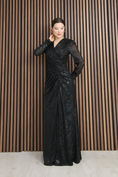 Kruvaze Yaka Bel Pileli Yırtmaçlı Abiye Elbise 2330-Siyah