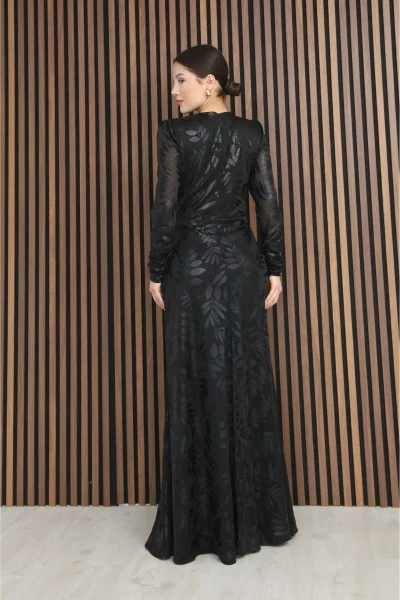 Kruvaze Yaka Bel Pileli Yırtmaçlı Abiye Elbise 2330-Siyah