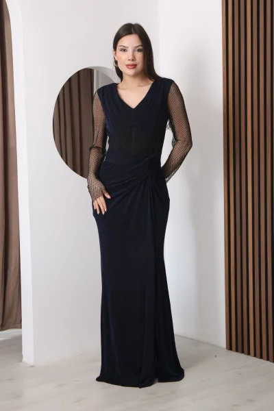 V Yaka File Detaylı Pileli Uzun Abiye Elbise 2350-Lacivert