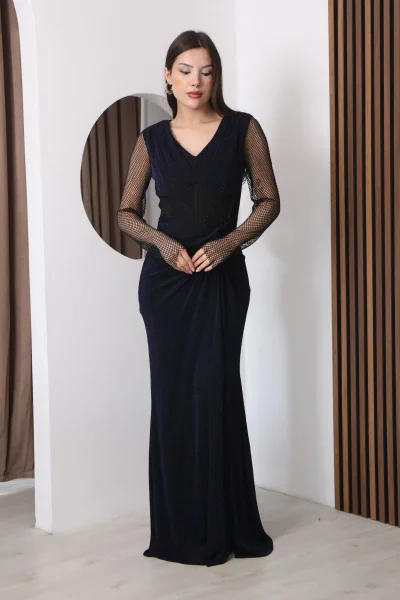 V Yaka File Detaylı Pileli Uzun Abiye Elbise 2350-Lacivert