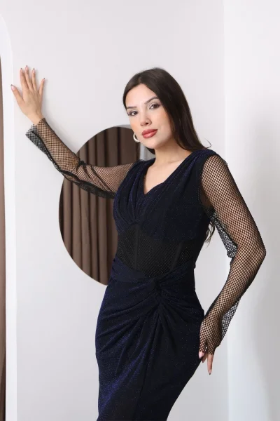 V Yaka File Detaylı Pileli Uzun Abiye Elbise 2350-Lacivert