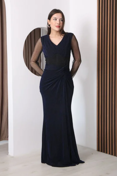 V Yaka File Detaylı Pileli Uzun Abiye Elbise 2350-Lacivert