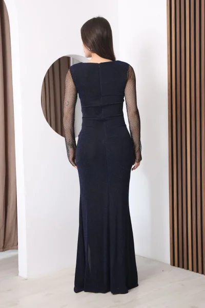 V Yaka File Detaylı Pileli Uzun Abiye Elbise 2350-Lacivert