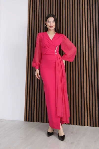Kruvaze Yaka Şifon Kollu Bel Detaylı Pileli Uzun Abiye Elbise DP5997-Fuşya