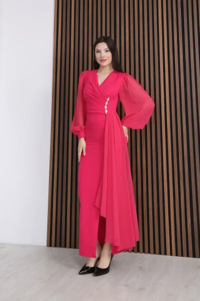 Kruvaze Yaka Şifon Kollu Bel Detaylı Pileli Uzun Abiye Elbise DP5997-Fuşya