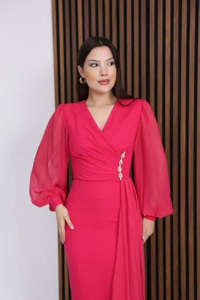 Kruvaze Yaka Şifon Kollu Bel Detaylı Pileli Uzun Abiye Elbise DP5997-Fuşya