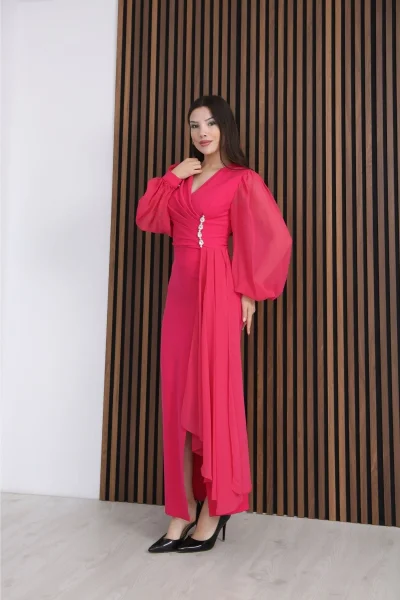 Kruvaze Yaka Şifon Kollu Bel Detaylı Pileli Uzun Abiye Elbise DP5997-Fuşya