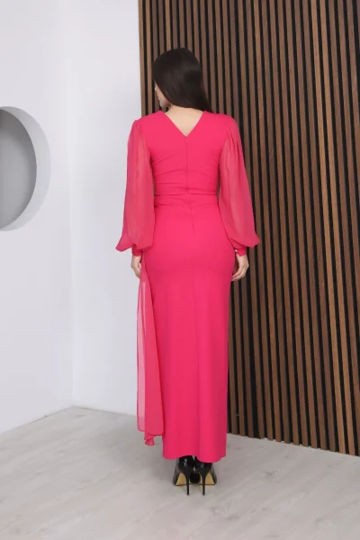 Kruvaze Yaka Şifon Kollu Bel Detaylı Pileli Uzun Abiye Elbise DP5997-Fuşya