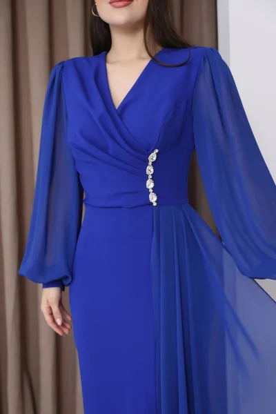 Kruvaze Yaka Şifon Kollu Bel Detaylı Pileli Uzun Abiye Elbise  ÖLÇÜ BAK