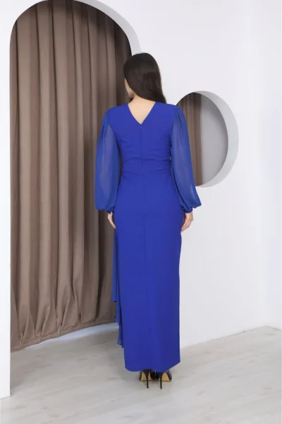 Kruvaze Yaka Şifon Kollu Bel Detaylı Pileli Uzun Abiye Elbise DP5997-Saks