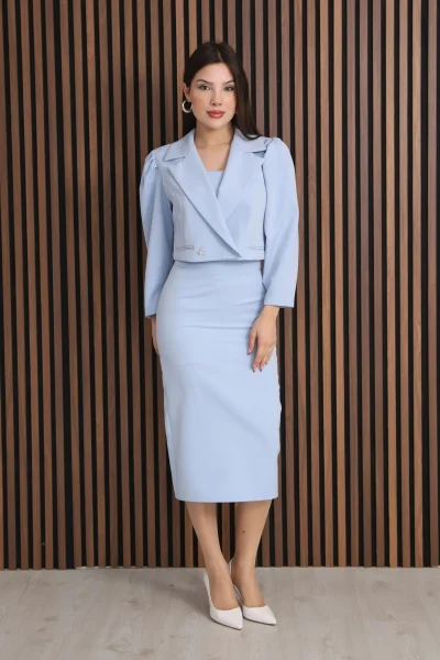 Kruvaze Yaka Crop Ceketli Kalem Elbise Takım 2291-Bebe Mavisi