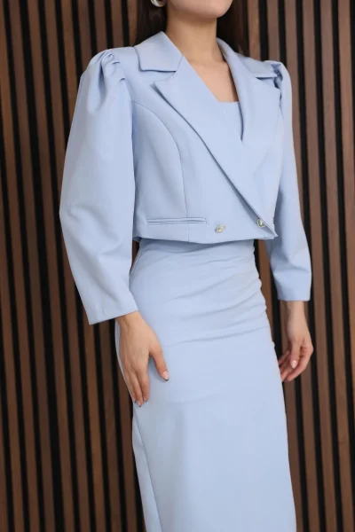Kruvaze Yaka Crop Ceketli Kalem Elbise Takım 2291-Bebe Mavisi
