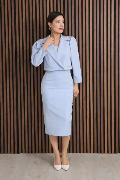 Kruvaze Yaka Crop Ceketli Kalem Elbise Takım 2291-Bebe Mavisi
