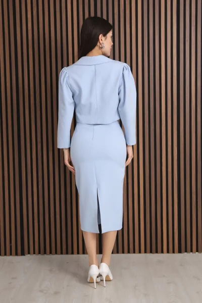 Kruvaze Yaka Crop Ceketli Kalem Elbise Takım 2291-Bebe Mavisi