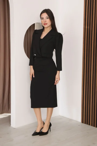 Kruvaze Yaka Crop Ceketli Kalem Elbise Takım 2291-Siyah