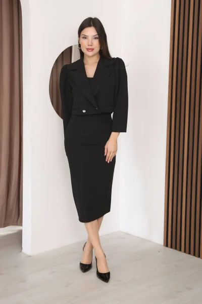 Kruvaze Yaka Crop Ceketli Kalem Elbise Takım 2291-Siyah