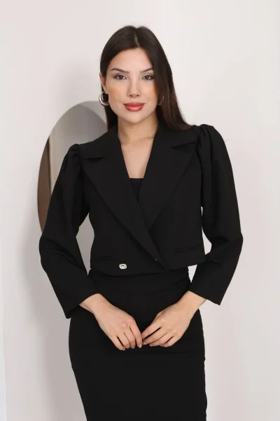 Kruvaze Yaka Crop Ceketli Kalem Elbise Takım 2291-Siyah