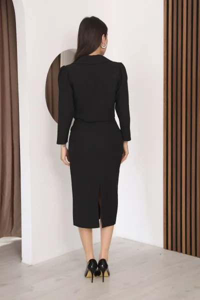 Kruvaze Yaka Crop Ceketli Kalem Elbise Takım 2291-Siyah