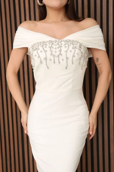 Kayık Yaka Taş İşlemeli Uzun Balık Abiye Elbise