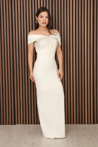 Kayık Yaka Taş İşlemeli Uzun Balık Abiye Elbise DP5996-Beyaz