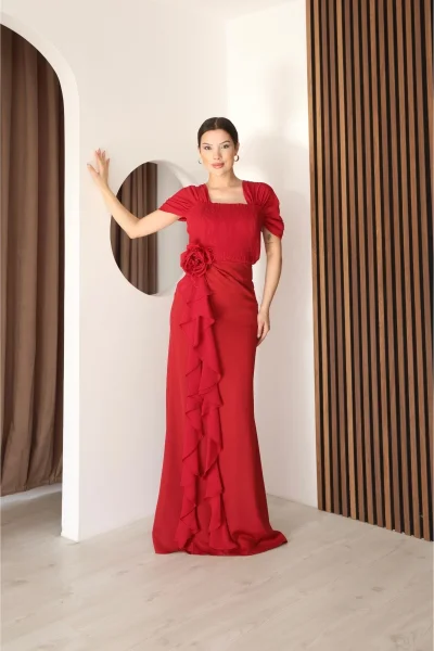 Piliseli ve Şifon Detaylı Uzun Abiye Elbise 2391-Kırmızı