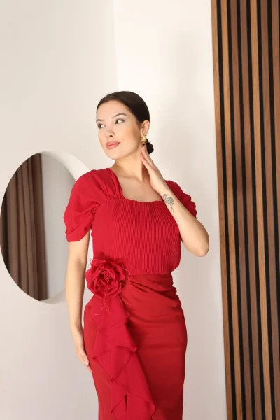 Piliseli ve Şifon Detaylı Uzun Abiye Elbise 2391-Kırmızı