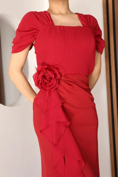 Piliseli ve Şifon Detaylı Uzun Abiye Elbise 2391-Kırmızı