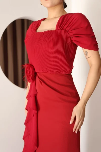 Piliseli ve Şifon Detaylı Uzun Abiye Elbise 2391-Kırmızı