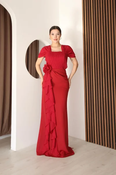 Piliseli ve Şifon Detaylı Uzun Abiye Elbise 2391-Kırmızı