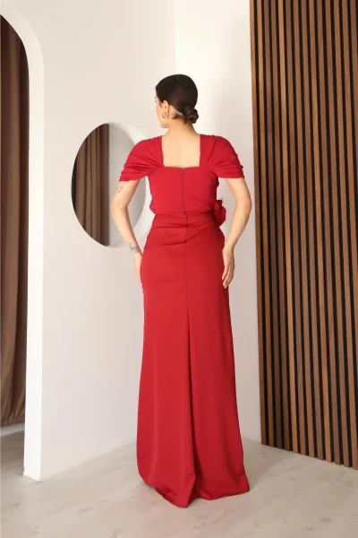 Piliseli ve Şifon Detaylı Uzun Abiye Elbise 2391-Kırmızı