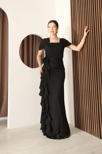 Piliseli ve Şifon Detaylı Uzun Abiye Elbise 2391-Siyah