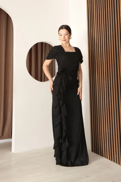 Piliseli ve Şifon Detaylı Uzun Abiye Elbise 2391-Siyah