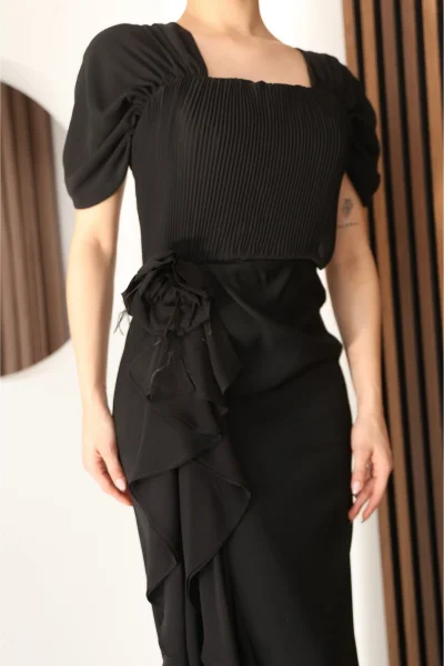 Piliseli ve Şifon Detaylı Uzun Abiye Elbise 2391-Siyah