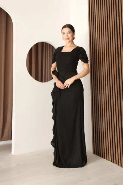 Piliseli ve Şifon Detaylı Uzun Abiye Elbise 2391-Siyah