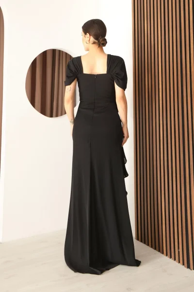 Piliseli ve Şifon Detaylı Uzun Abiye Elbise 2391-Siyah